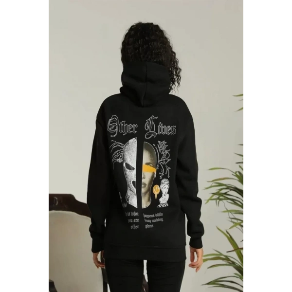 Biçomi Sırt Baskılı Oversize Üç İplik Kapüşonlu Sweatshirt - Siyah