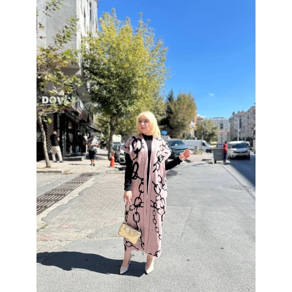 BİÇOMİ Siyah çizgi desenli elbiseli hırka takım pudra siyah