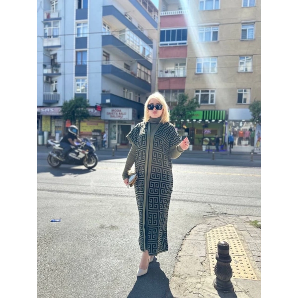 BİÇOMİ Siyah çizgi desenli elbiseli hırka triko takım haki