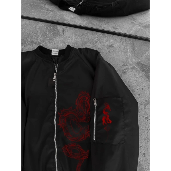 Biçomi Tam Fermuarlı Uzun Kol Baskılı Bomber Ceket - Siyah