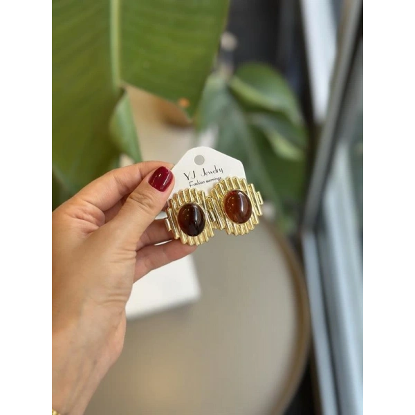 biçomi Taşlı Küpe - Kahverengi