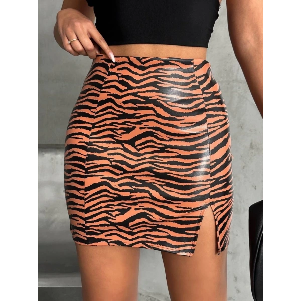 BİÇOMİ Tek yırtmaçlı zebra desenli deri etek kahvesiyah w24475-S