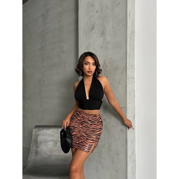 BİÇOMİ Tek yırtmaçlı zebra desenli deri etek kahvesiyah w24475-S