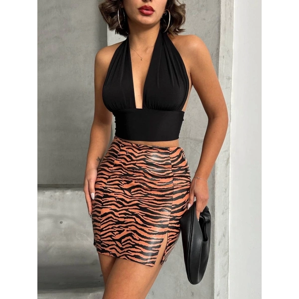 BİÇOMİ Tek yırtmaçlı zebra desenli deri etek kahvesiyah w24475-S