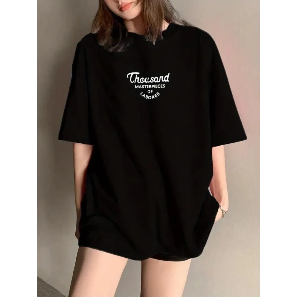 Biçomi Thousand Baskılı Oversize Bisiklet Yaka T-shirt - Siyah