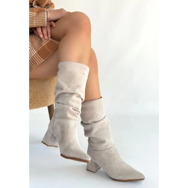 BİÇOMİ Titen Bej Süet Körüklü Topuklu Çizme