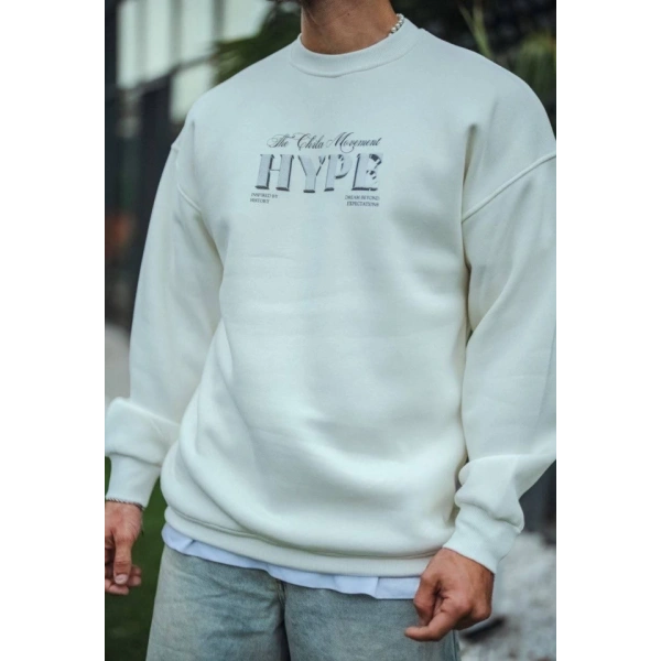 Biçomi Üç İplik Bisiklet Yaka Baskılı SweatShirt - Beyaz
