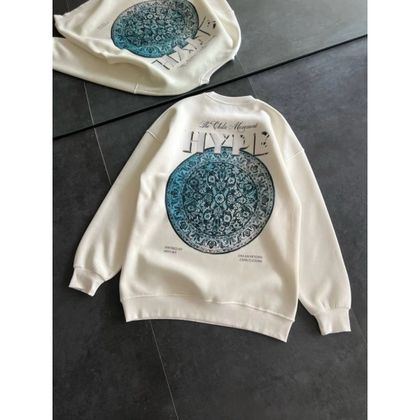 Biçomi Üç İplik Bisiklet Yaka Baskılı SweatShirt - Beyaz