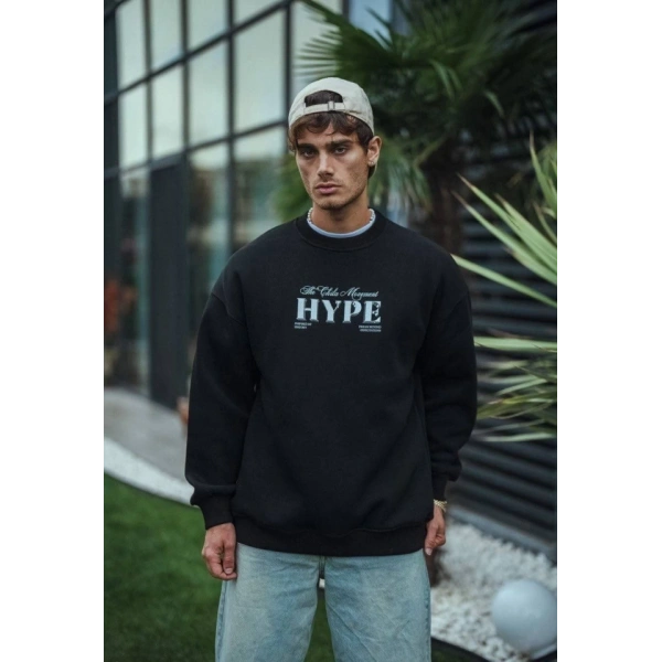Biçomi Üç İplik Bisiklet Yaka Baskılı SweatShirt - Siyah