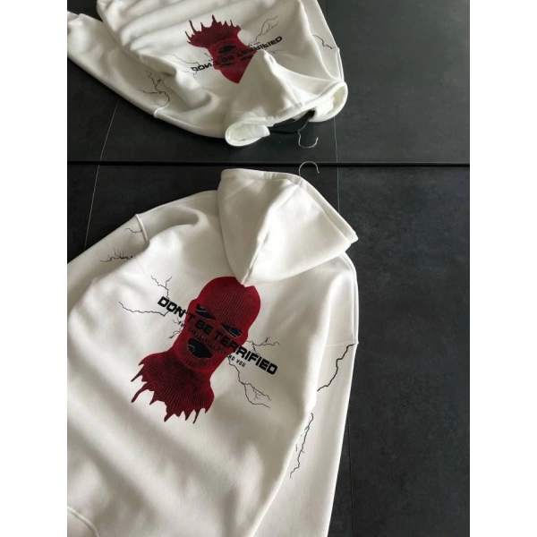 Biçomi Üç İplik Kapşonlu Baskılı Oversize SweatShirt- Beyaz