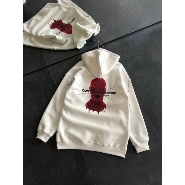 Biçomi Üç İplik Kapşonlu Baskılı Oversize SweatShirt- Beyaz