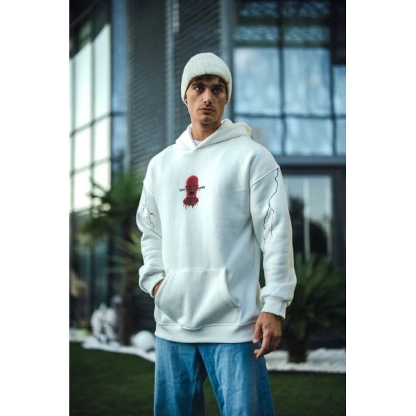 Biçomi Üç İplik Kapşonlu Baskılı Oversize SweatShirt- Beyaz