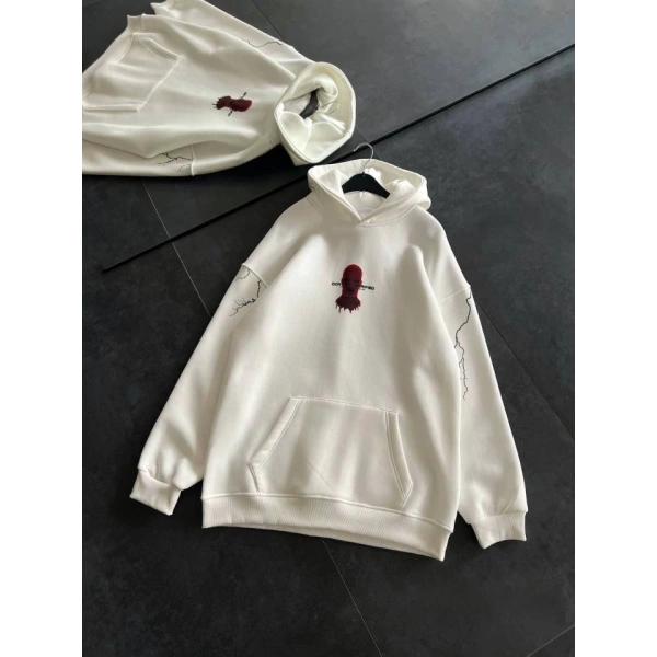 Biçomi Üç İplik Kapşonlu Baskılı Oversize SweatShirt- Beyaz