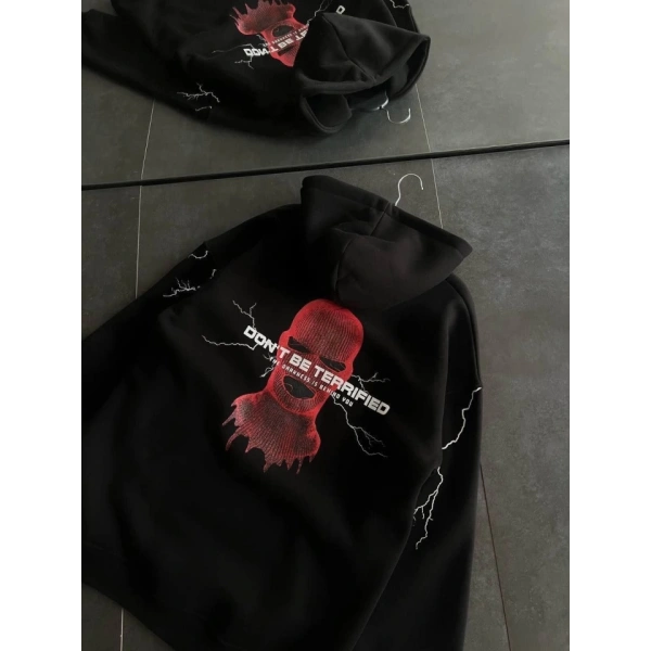Biçomi Üç İplik Kapşonlu Baskılı Oversize SweatShirt- Siyah