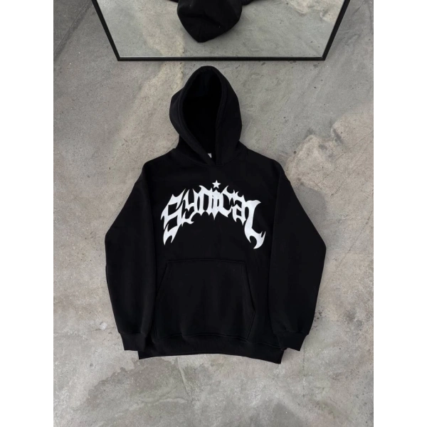 Biçomi Üç İplik Kapşonlu Baskılı Oversize SweatShirt- Siyah