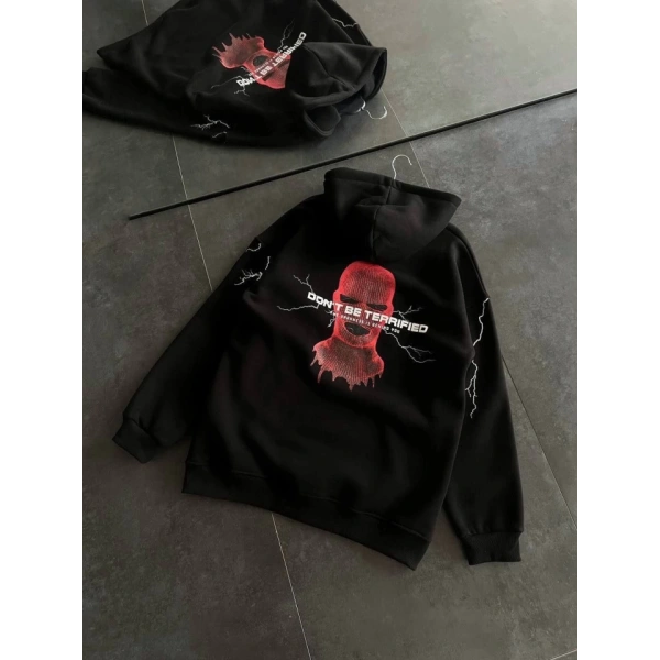Biçomi Üç İplik Kapşonlu Baskılı Oversize SweatShirt- Siyah