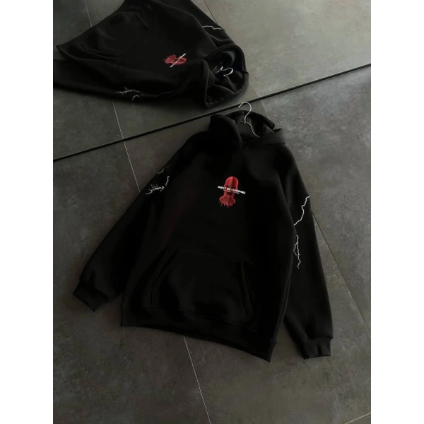 Biçomi Üç İplik Kapşonlu Baskılı Oversize SweatShirt- Siyah