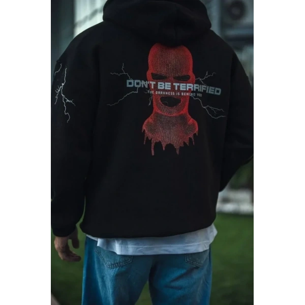 Biçomi Üç İplik Kapüşonlu Baskılı Oversize SweatShirt- Siyah