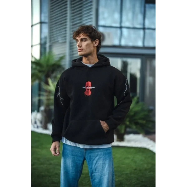 Biçomi Üç İplik Kapüşonlu Baskılı Oversize SweatShirt- Siyah
