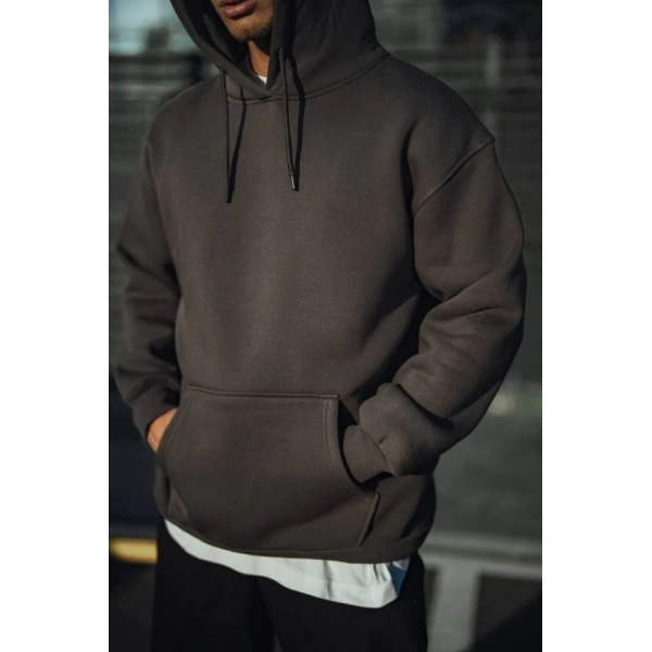 Biçomi Üç İplik Penye Kapşonlu Basic SweatShirt - Antrasit