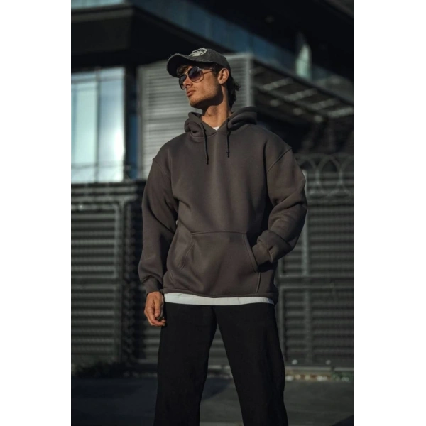 Biçomi Üç İplik Penye Kapşonlu Basic SweatShirt - Antrasit