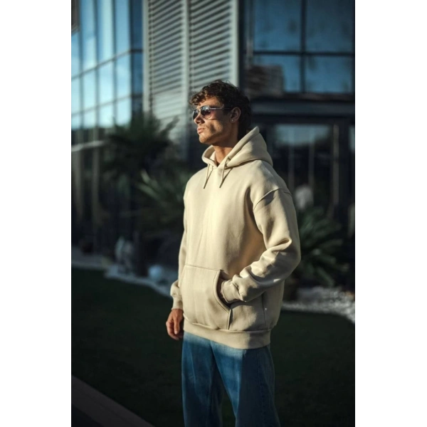 Biçomi Üç İplik Penye Kapşonlu Basic SweatShirt - Bej