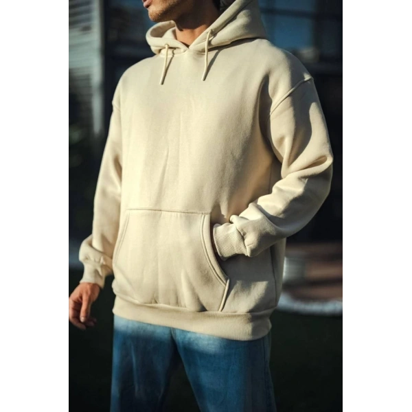 Biçomi Üç İplik Penye Kapşonlu Basic SweatShirt - Bej
