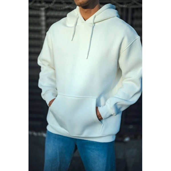 Biçomi Üç İplik Penye Kapşonlu Basic SweatShirt - Beyaz