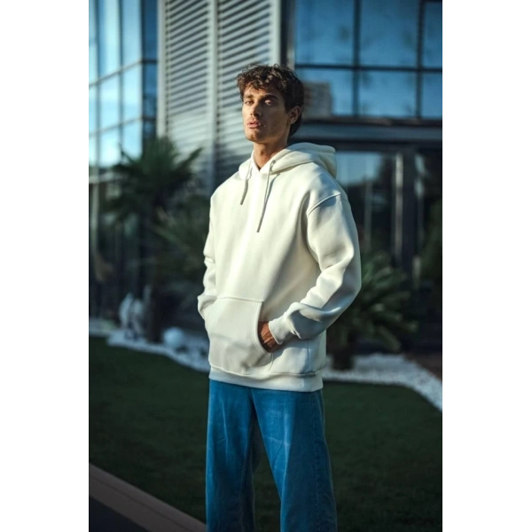 Biçomi Üç İplik Penye Kapşonlu Basic SweatShirt - Beyaz