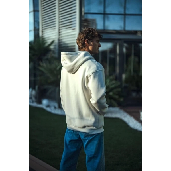 Biçomi Üç İplik Penye Kapşonlu Basic SweatShirt - Beyaz