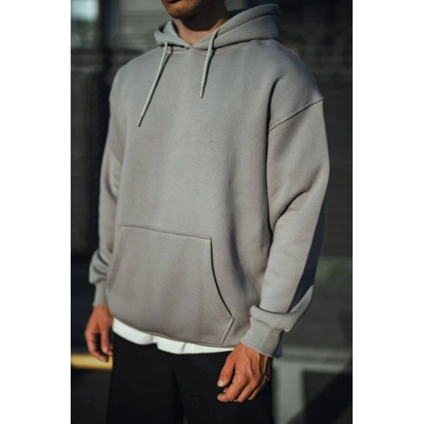 Biçomi Üç İplik Penye Kapşonlu Basic SweatShirt - Boyalı Gri