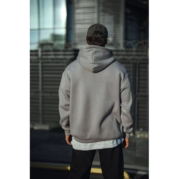 Biçomi Üç İplik Penye Kapşonlu Basic SweatShirt - Boyalı Gri