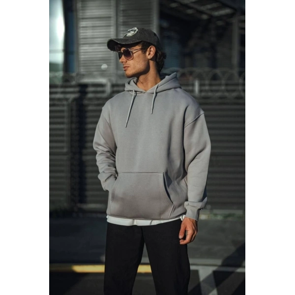 Biçomi Üç İplik Penye Kapşonlu Basic SweatShirt - Boyalı Gri