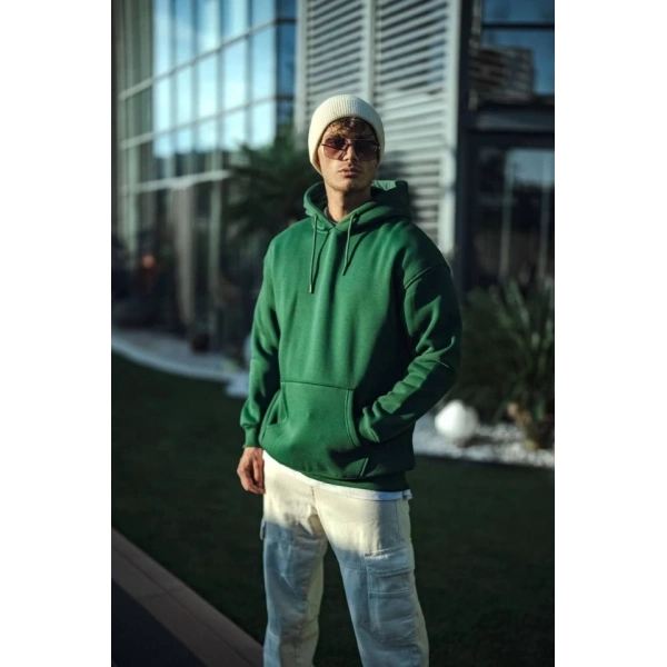 Biçomi Üç İplik Penye Kapşonlu Basic SweatShirt - Haki