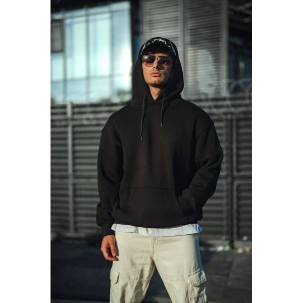 Biçomi Üç İplik Penye Kapşonlu Basic SweatShirt - Siyah