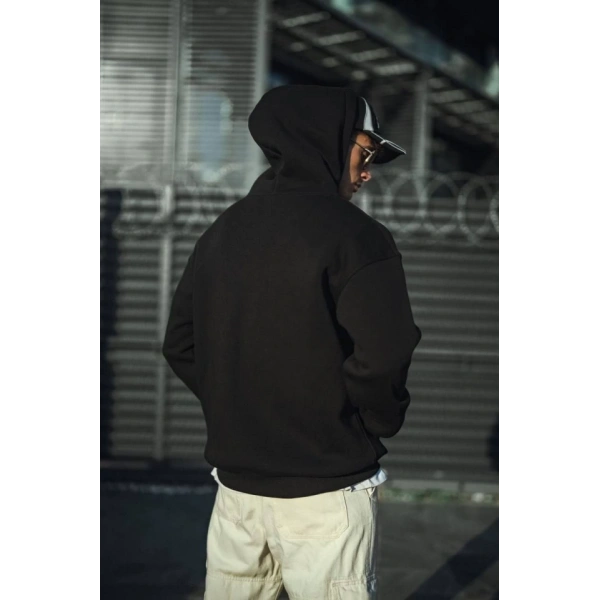 Biçomi Üç İplik Penye Kapşonlu Basic SweatShirt - Siyah