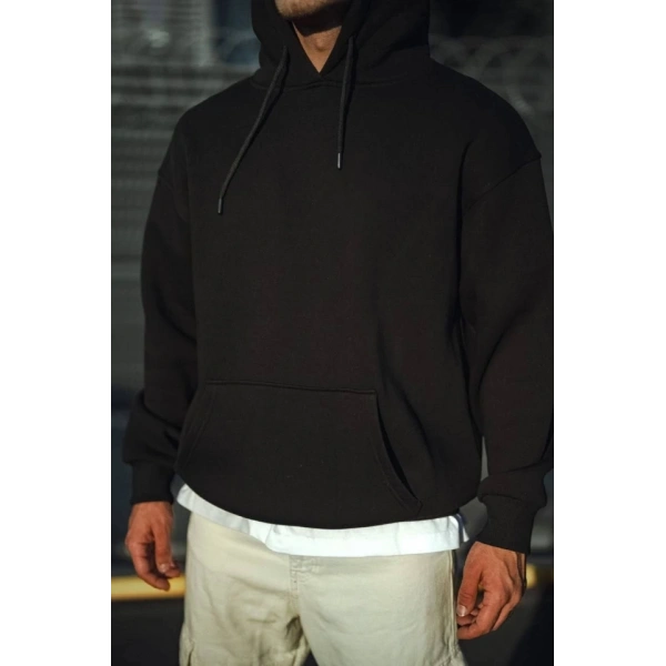 Biçomi Üç İplik Penye Kapşonlu Basic SweatShirt - Siyah