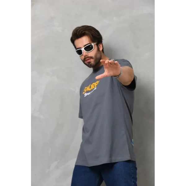 Biçomi Unisex Basic Bisiklet Yaka Oversize T-Shirt - Füme