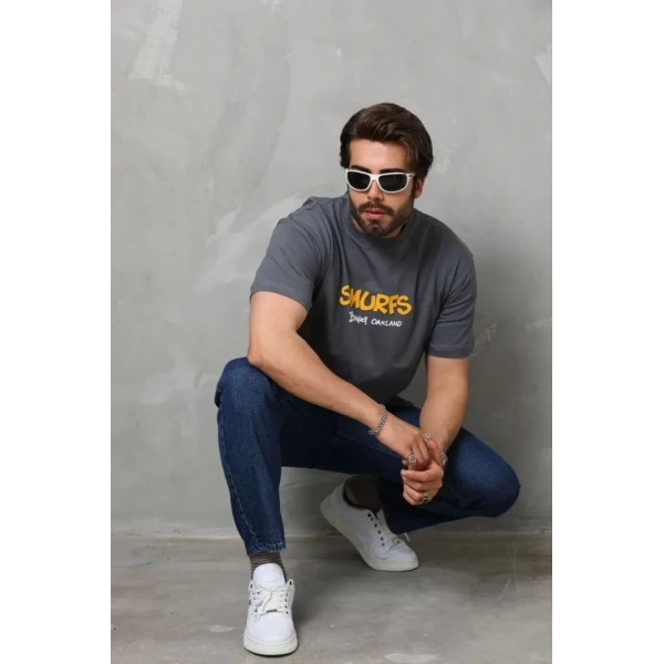 Biçomi Unisex Basic Bisiklet Yaka Oversize T-Shirt - Füme