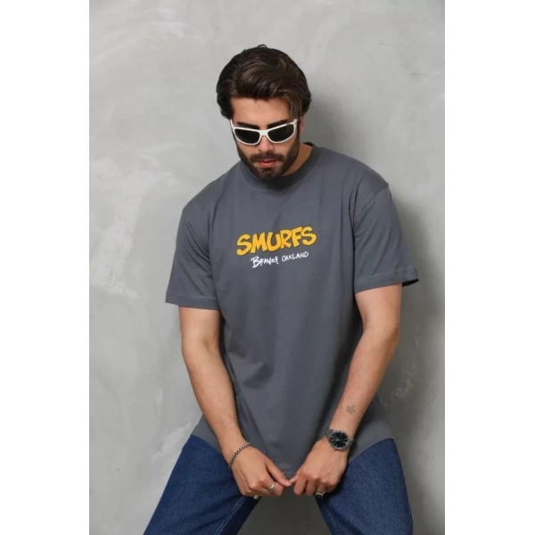 Biçomi Unisex Basic Bisiklet Yaka Oversize T-Shirt - Füme
