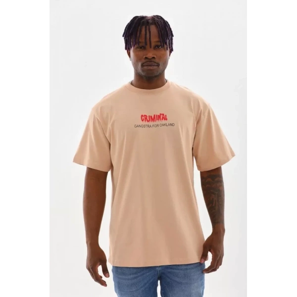 Biçomi Unisex Baskılı Oversize T-Shirt - Bej