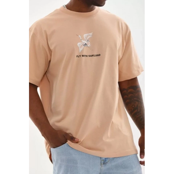 Biçomi Unisex Baskılı Oversize T-Shirt - Bej
