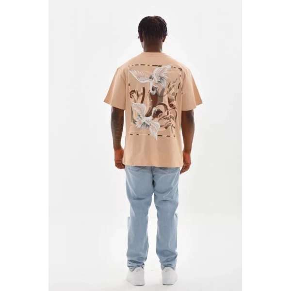 Biçomi Unisex Baskılı Oversize T-Shirt - Bej