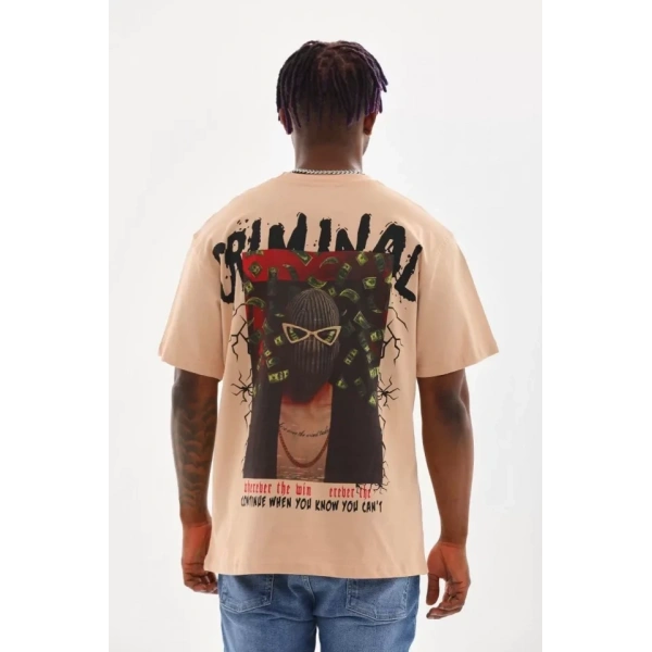 Biçomi Unisex Baskılı Oversize T-Shirt - Bej