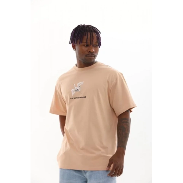 Biçomi Unisex Baskılı Oversize T-Shirt - Bej