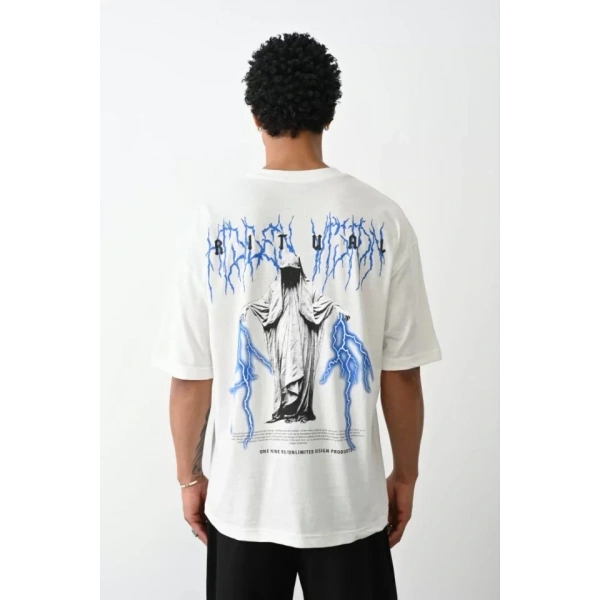 Biçomi Unisex Baskılı Oversize T-Shirt - Beyaz