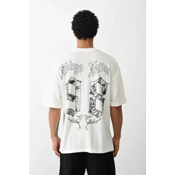 Biçomi Unisex Baskılı Oversize T-Shirt - Beyaz