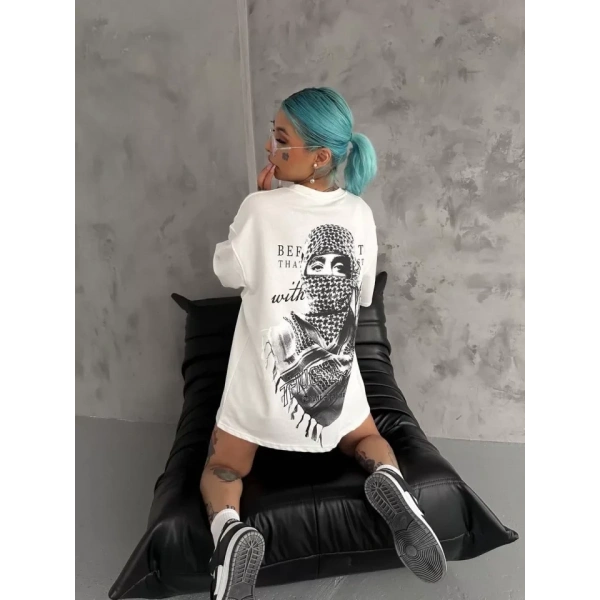 Biçomi Unisex Baskılı Oversize T-Shirt - Beyaz