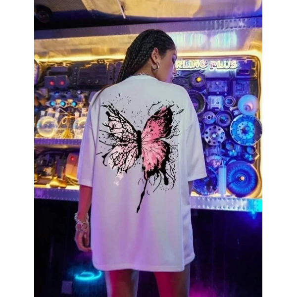 Biçomi Unisex Baskılı Oversize T-Shirt - Beyaz