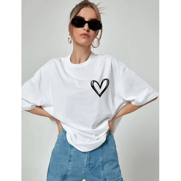 Biçomi Unisex Baskılı Oversize T-Shirt - Beyaz